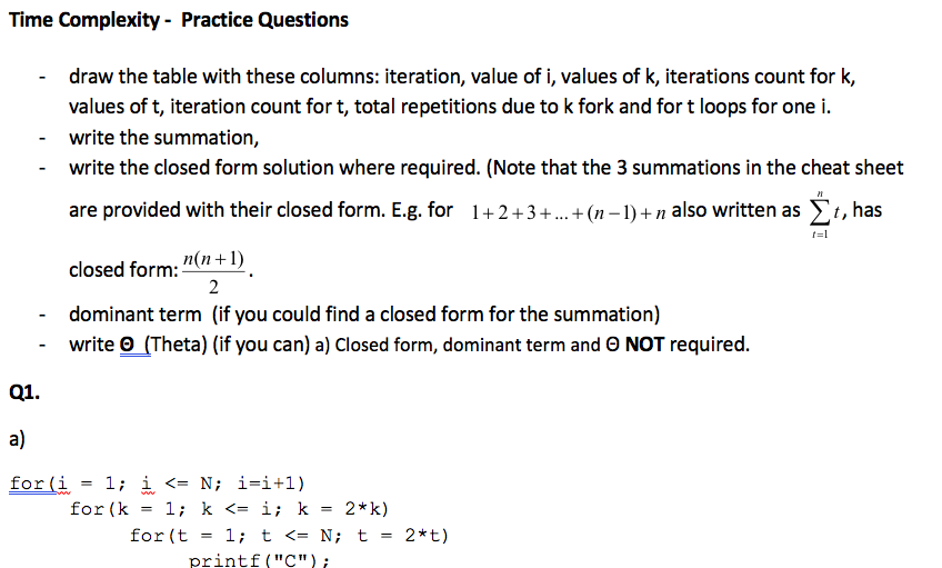 Solved Time Complexity Practice Questions draw the table