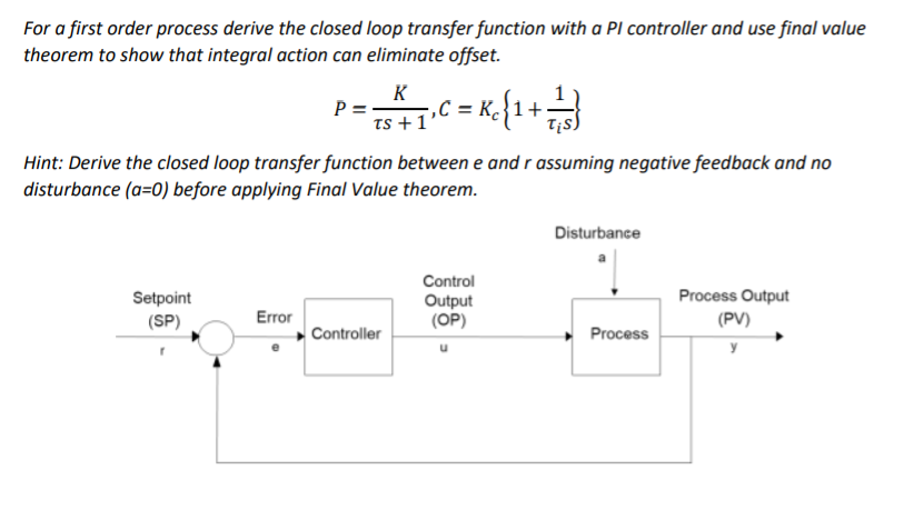 Solved For a first order process derive the closed loop | Chegg.com
