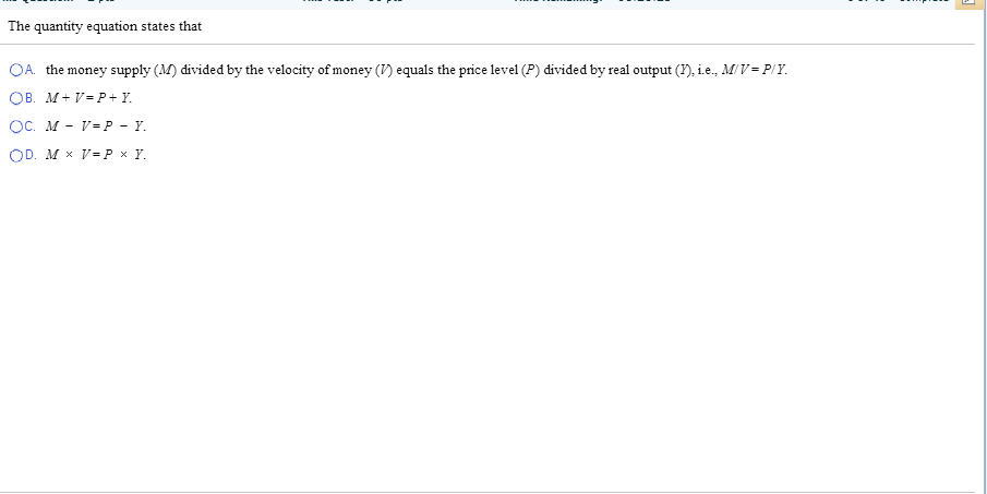 Solved The quantity equation states that the money supply | Chegg.com