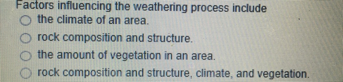 Solved Factors influencing the weathering process include | Chegg.com