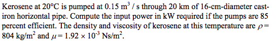 Solved Kerosene at 20°C is pumped at 0.15 m/s through 20 km | Chegg.com