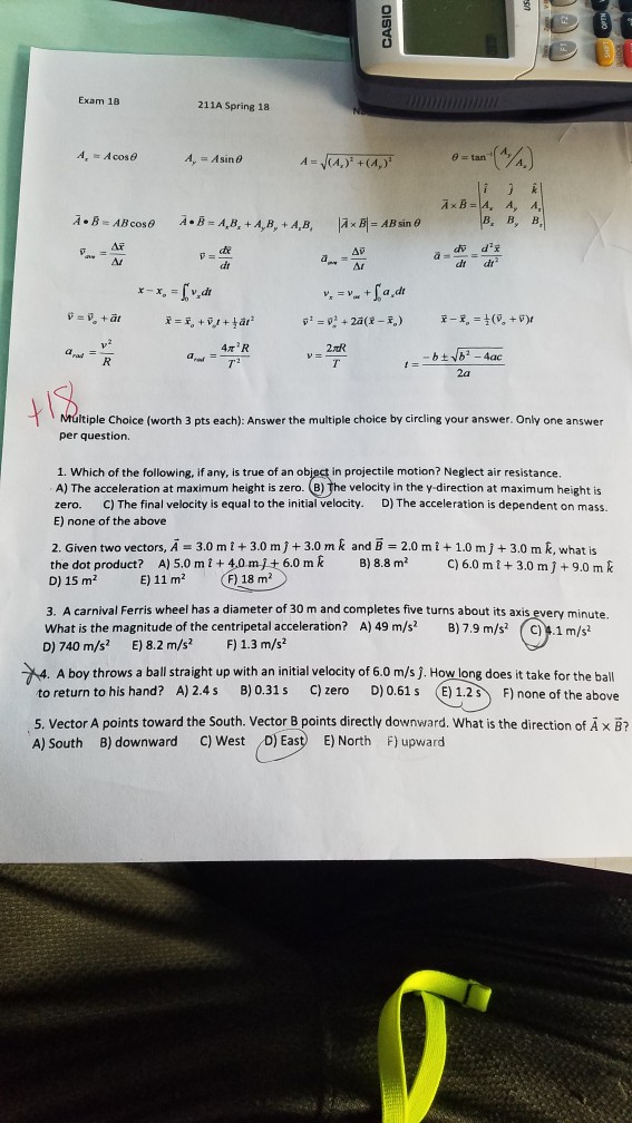 Solved Exam 18 211A Spring 18 A,Acos ? tan B, B AT At dt dt | Chegg.com