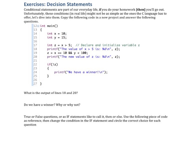 Solved Exercises: Decision Statements Conditional statements | Chegg.com