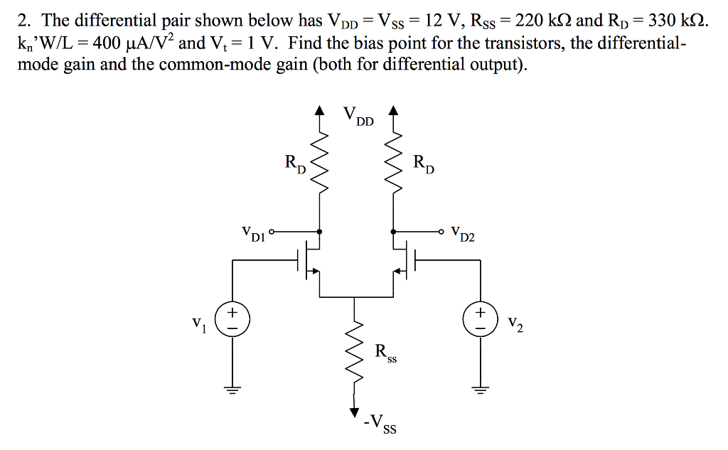 Solved 2. The differential pair shown below has VpD Vss 12 | Chegg.com