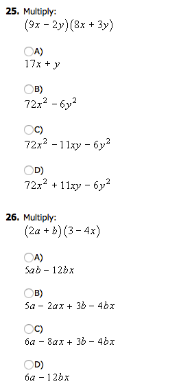 Solved 25. Multiply: (9x - 2y)(8x + 3y) 26. Multiply (2a | Chegg.com