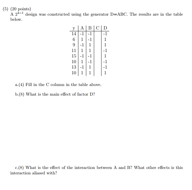 Solved A 2^4-1 design was constructed using the generator D | Chegg.com