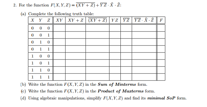 Solved 2 For The Function F X Y Z Xy Z Bar Yz