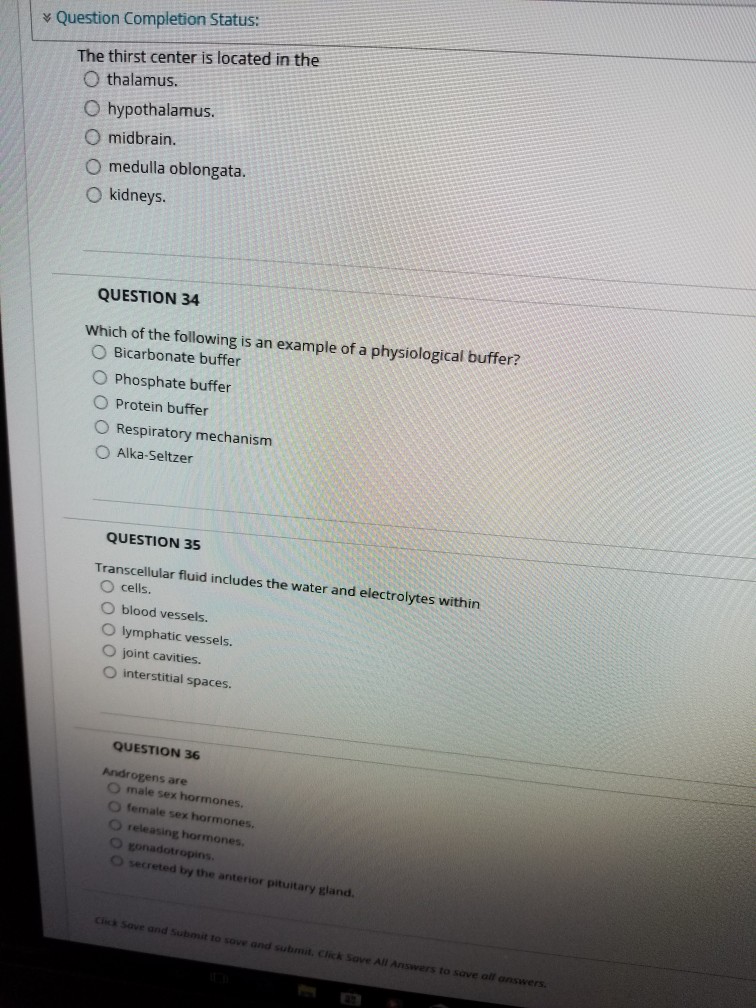 Solved Question Completion Status: The thirst center is | Chegg.com