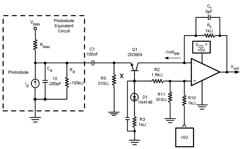 Solved PhotodiodeI Equivalent bias Circuit +5V Q1 2N3904 | Chegg.com