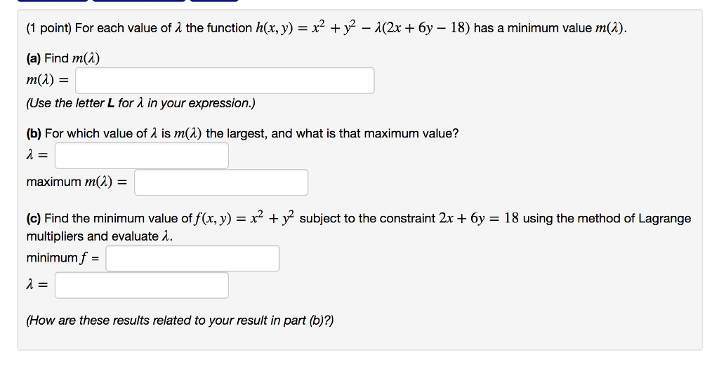Solved (1 point) For each value of λ the function h(x,y) = | Chegg.com