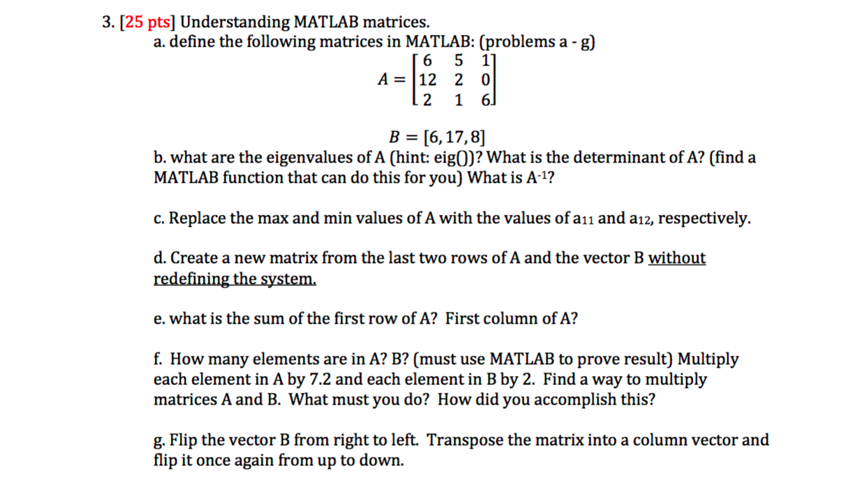 Understanding MATLAB matrices, define the following | Chegg.com