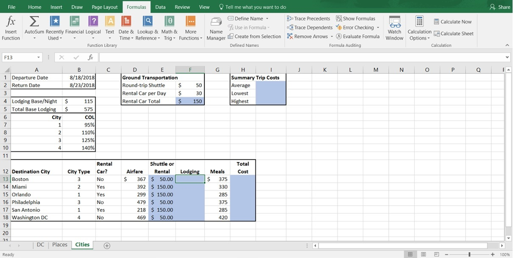 Solved On the Cities worksheet click cell F13 The lodging Chegg com Solved On the Cities worksheet click cell F13 The lodging Chegg com