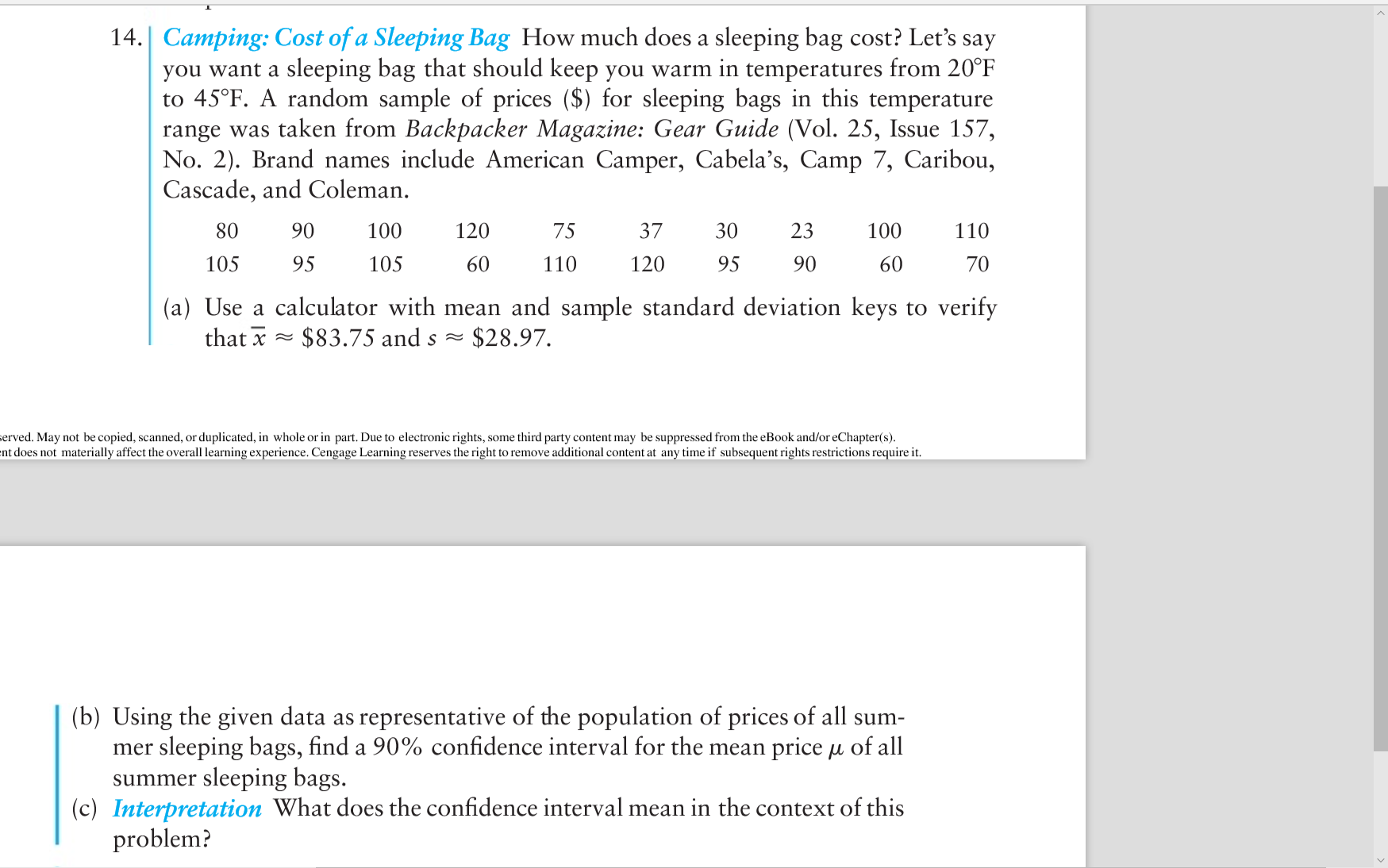 Solved Camping Cost of a Sleeping Bag How much does a