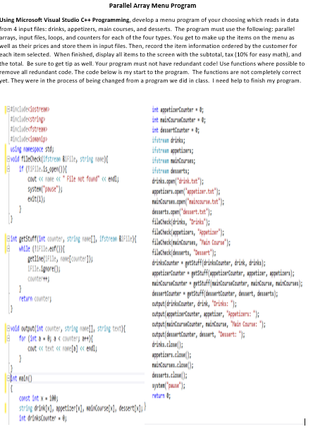 Parallel Array Menu Program Using Microsoft Visual | Chegg.com