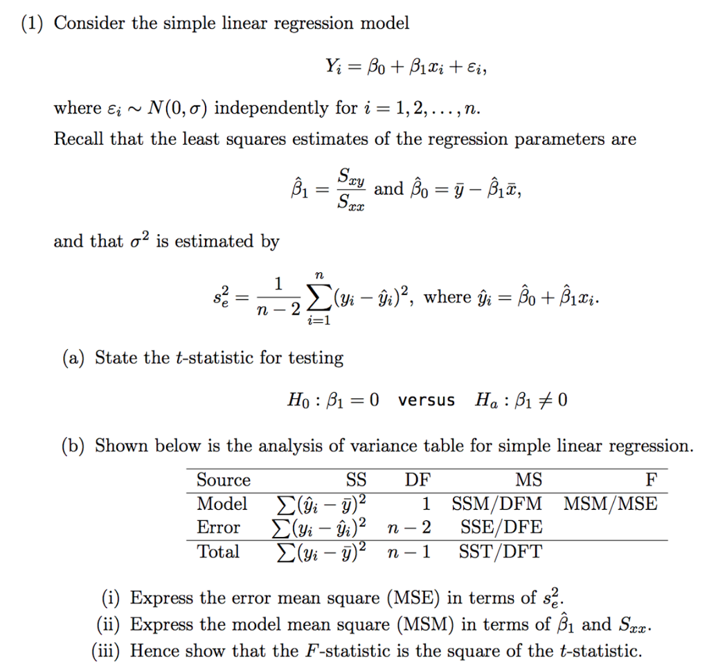 (1) Consider The Simple Linear Regression Model Where | Chegg.com