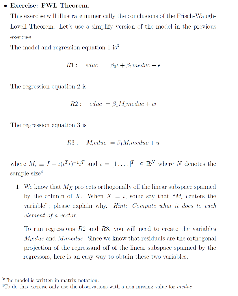 Solved Exercise: FWL Theorem This exercise will illustrate | Chegg.com