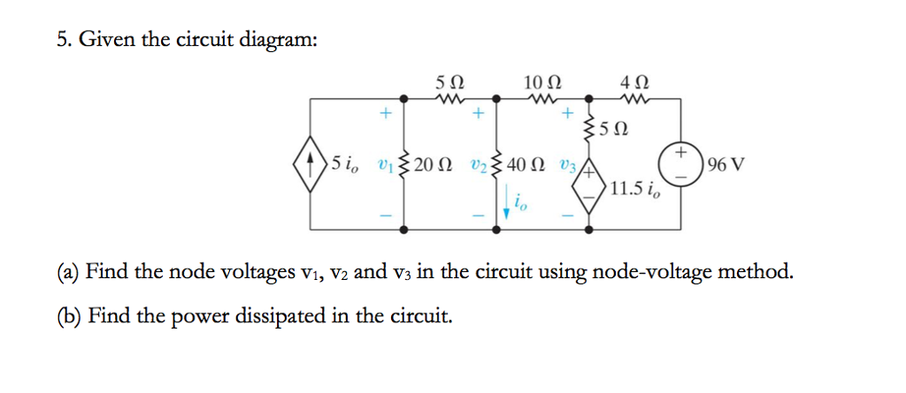 Solved 5. Given the circuit diagram: 5Ω 10Ω 4Ω 5Ω ナ)96 V | Chegg.com