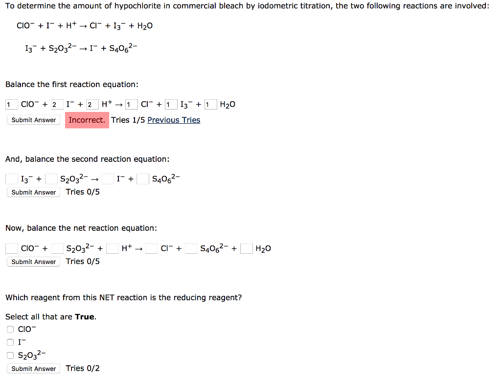 Solved To determine the amount of hypochlorite in commercial