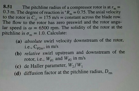 Solved The pitchline radius of a compressor rotor is at rm | Chegg.com