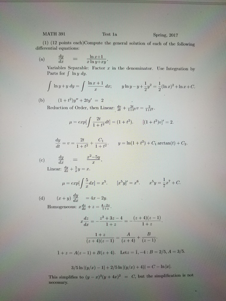Solved MATH 391 Test la Spring, 2017 (1) (12 points | Chegg.com