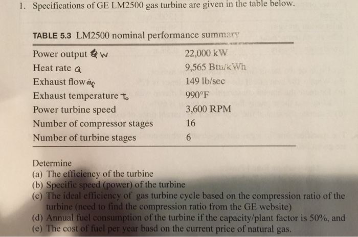 Solved below. 1. Specifications of GE LM2500 gas turbine are | Chegg.com