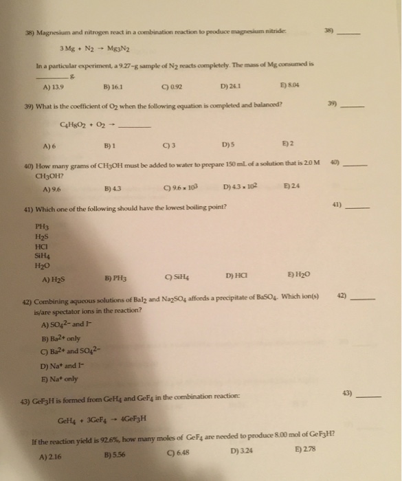 Solved 38) Magnesium And Nitrogen React In A Combination 