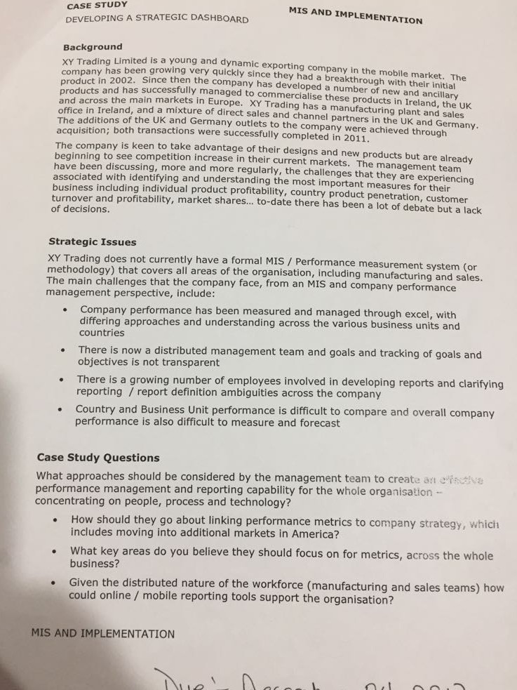 Solved CASE STUDY DEVELOPING A STRATEGIC DASHBOARD MIS AND