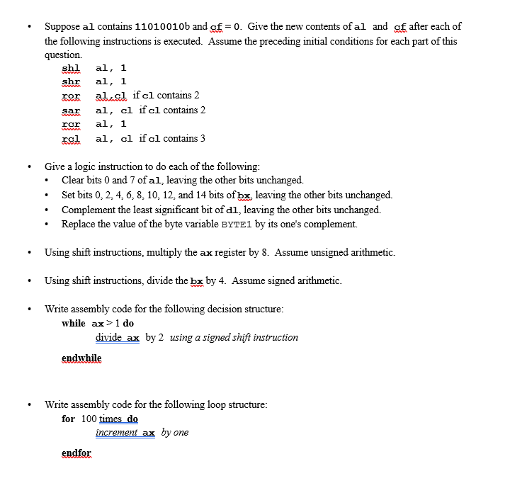Suppose al contains 11010010b and cf = 0- Give the | Chegg.com