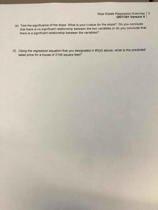 Solved Real Estate Regression Exercise 1 QNT/351 Version 5