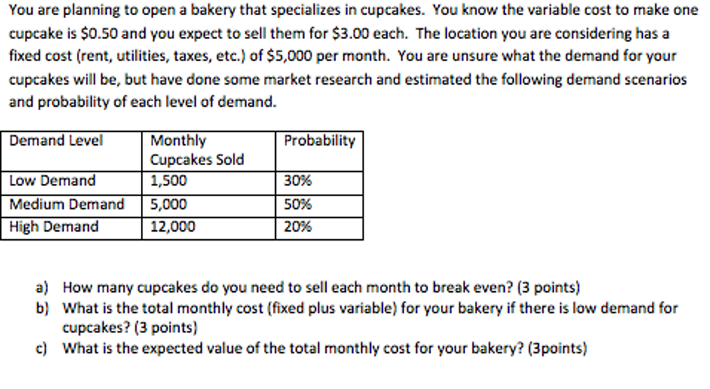 Solved You Are Planning To Open A Bakery That Specializes In | Chegg.com