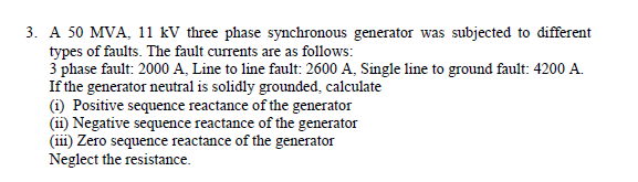 Solved 3. A 50 MVA. 11 kV three phase synchronous generator | Chegg.com