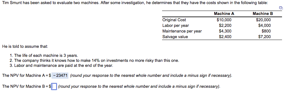 Solved Tim Smunt has been asked to evaluate two machines. | Chegg.com