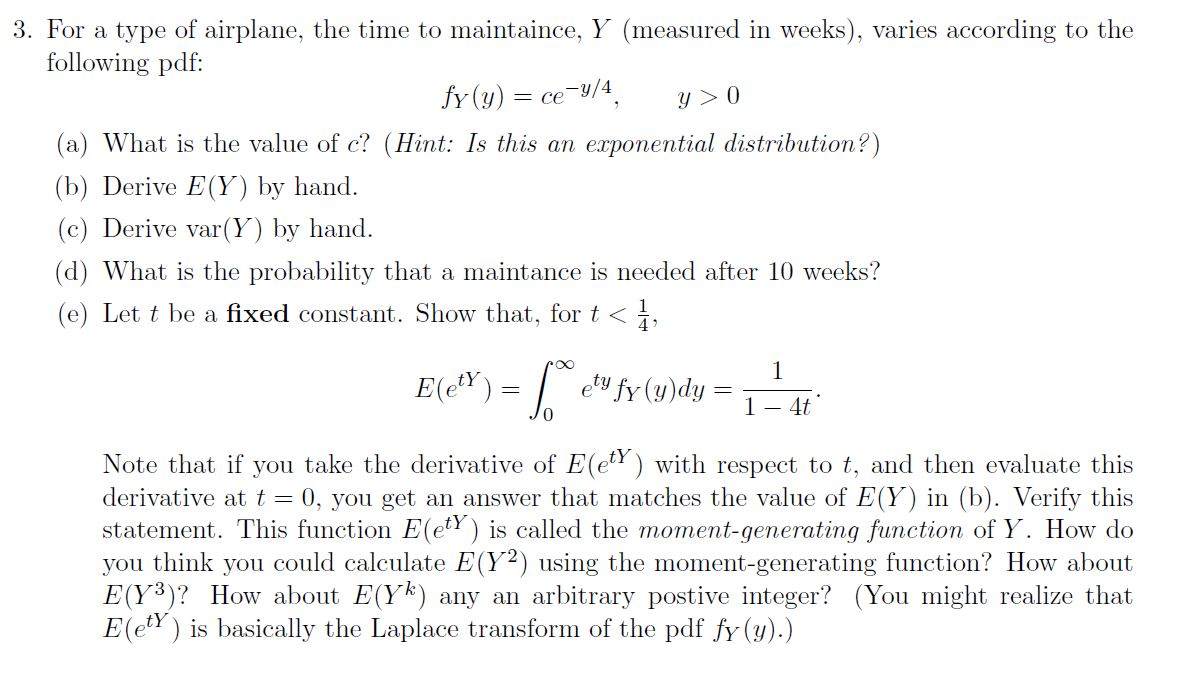 Solved For a type of airplane, the time to maintaince, Y | Chegg.com