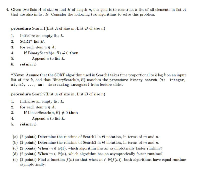 Solved Given Two Lists A Of Size M And B Of Length N Our Chegg