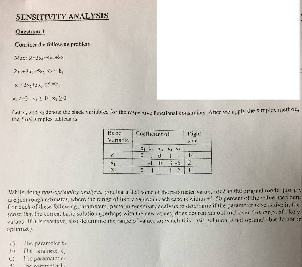 Solved SENSITIVITY ANALYSIS Question:I Consider The | Chegg.com