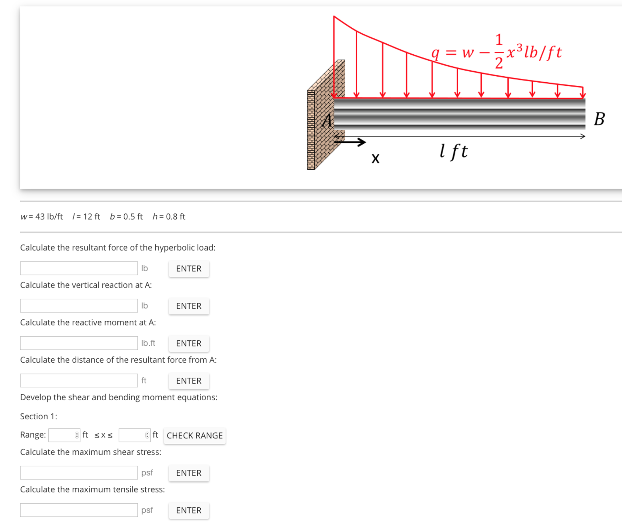 Solved W = 43 Lb/ft J = 12 Ft B = 0.5 Ft H = 0.8 Ft | Chegg.com