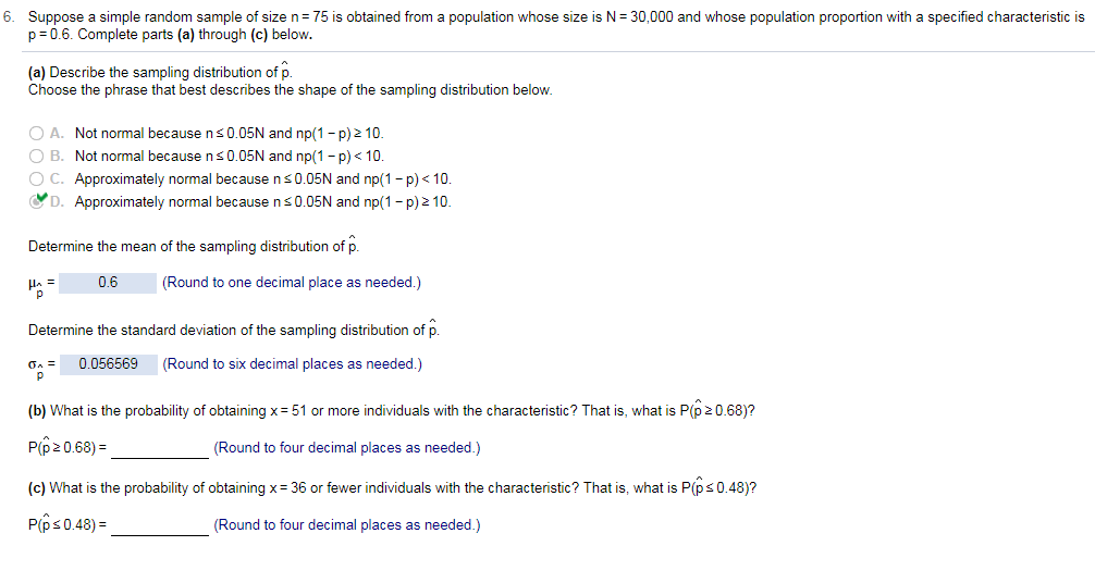 Solved 6. Suppose a simple random sample of size n= 75 is | Chegg.com