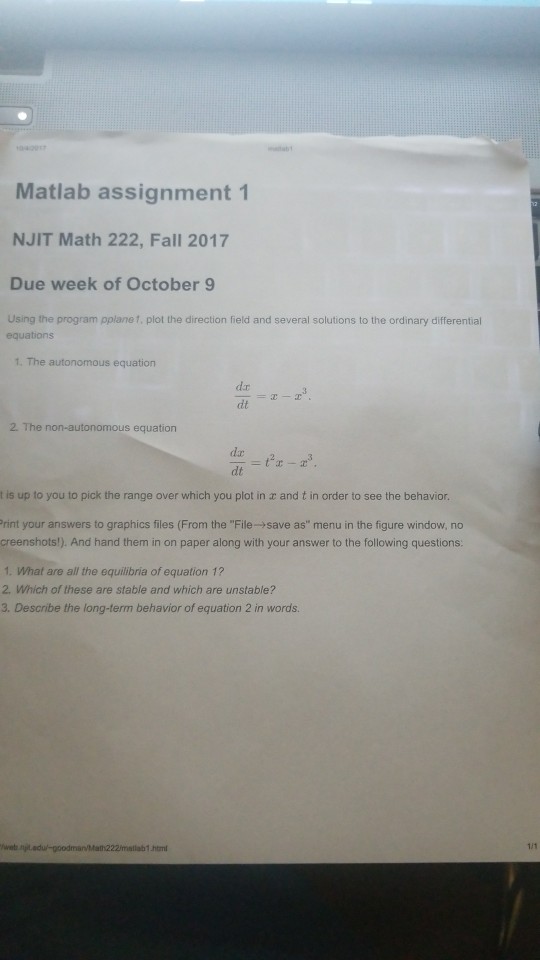 Solved Matlab assignment 1 NJIT Math 222, Fall 2017 Due week | Chegg.com