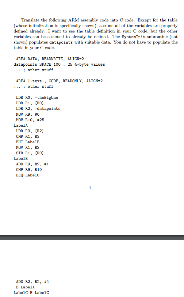 Solved Translate the following ARM assembly code into C