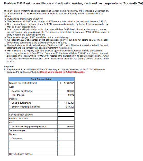 Solved Problem 7-13 Bank reconciliation and adjusting | Chegg.com