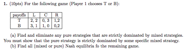 Solved 1. (10pts) For the following game (Player 1 chooses T | Chegg.com