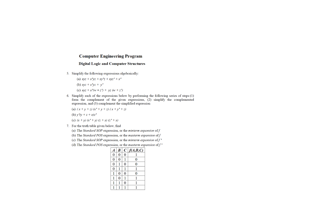 Solved Computer Engineering Program Digital Logic and | Chegg.com