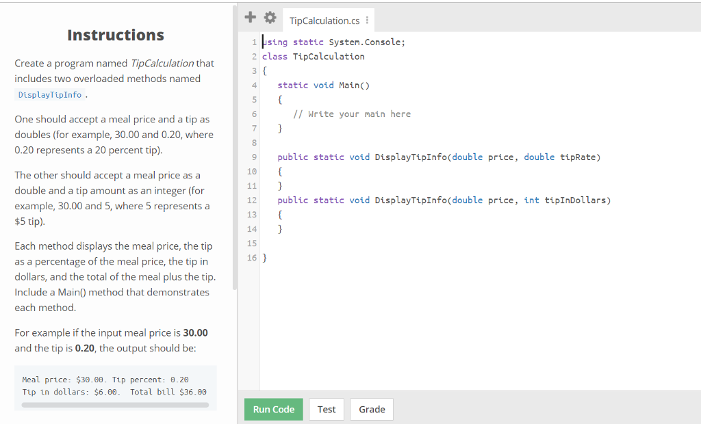 Solved TipCalculation.cs Instructions 1sing static | Chegg.com