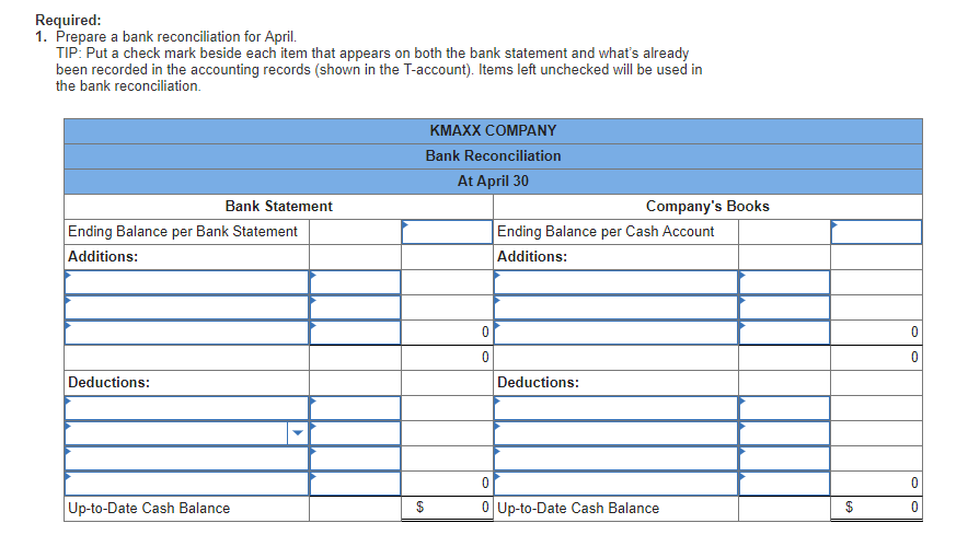 Solved The April 30 bank statement for KMaxx Company and the | Chegg.com