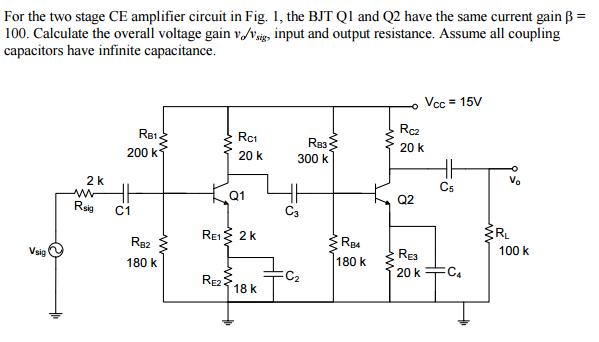 Solved For the two stage CE amplifier circuit in fig. 1, the | Chegg.com