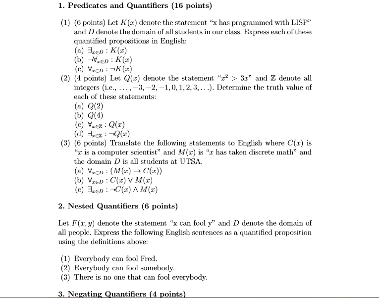 Solved 1. Predicates and Quantifiers (16 points (1) (6 | Chegg.com