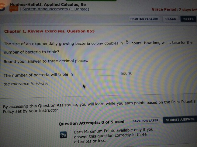 Solved: The Size Of An Exponentially Growing Bacteria Colo... | Chegg.com