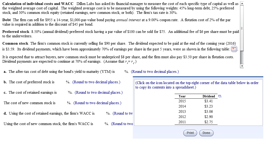 Solved Calculation Of Individual Costs And WACC Dillon Labs | Chegg.com