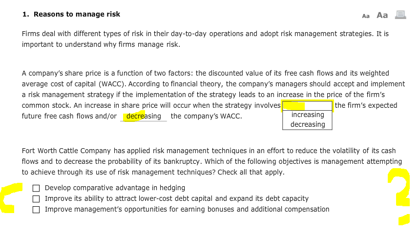 Solved 1. Reasons to manage risk Aa Aa Firms deal with | Chegg.com