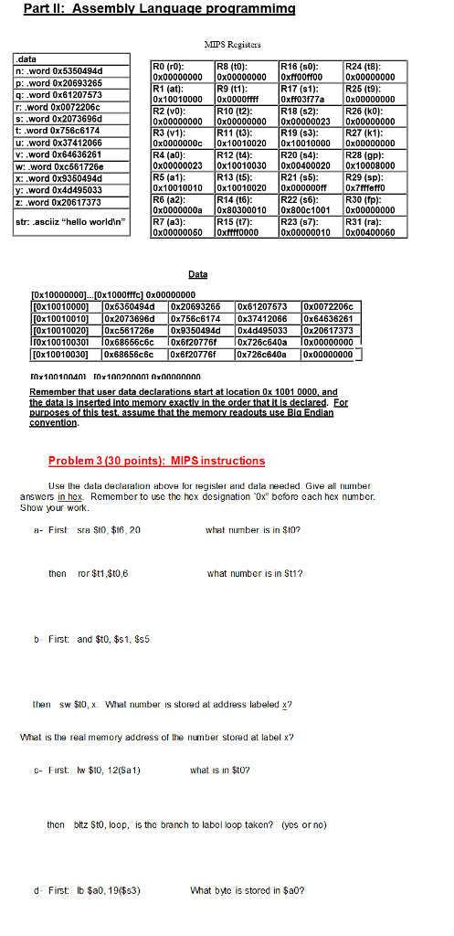 Part Il Assembly Lang uage programmim MIPS Registers Chegg